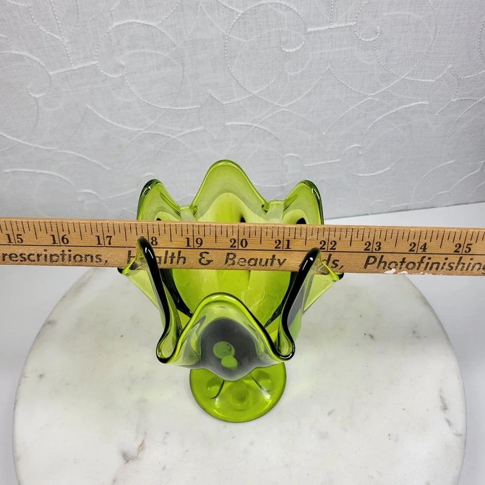 VTG Viking Epic Glass Swung Vase Six Finger Green Pedestal Footed MCM Home Decor